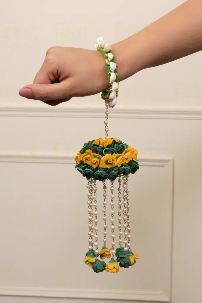 Green & Yellow Floral Kaleera With Pearl Bangle