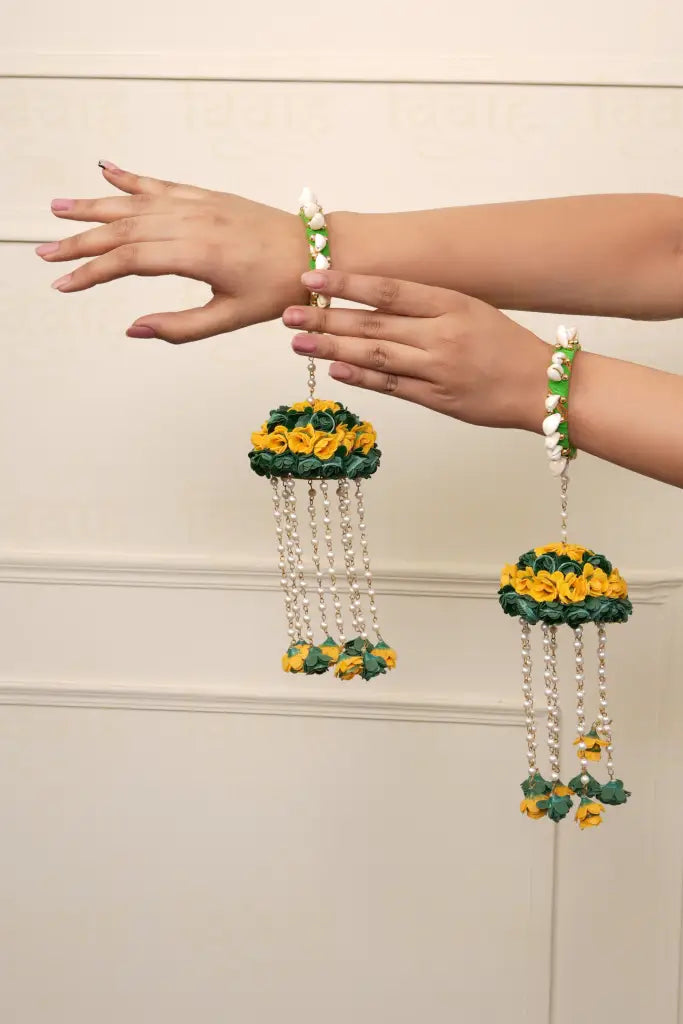 Green & Yellow Floral Kaleera With Pearl Bangle