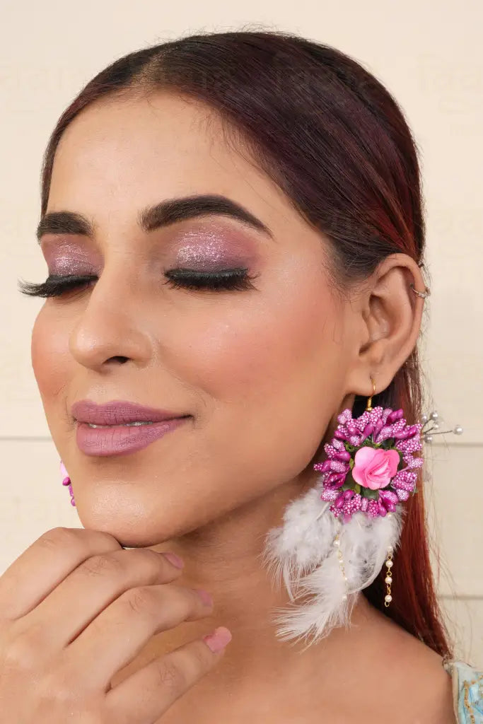 Pink & Mauve Feather Floral Jewellery Set Set