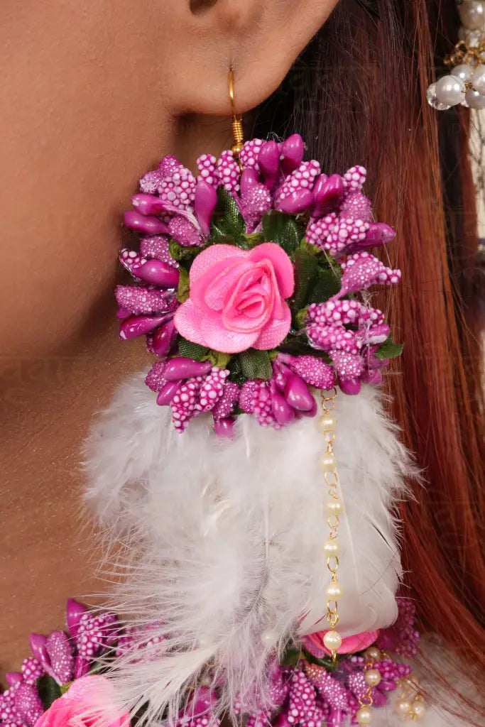 Pink & Mauve Feather Floral Jewellery Set Set