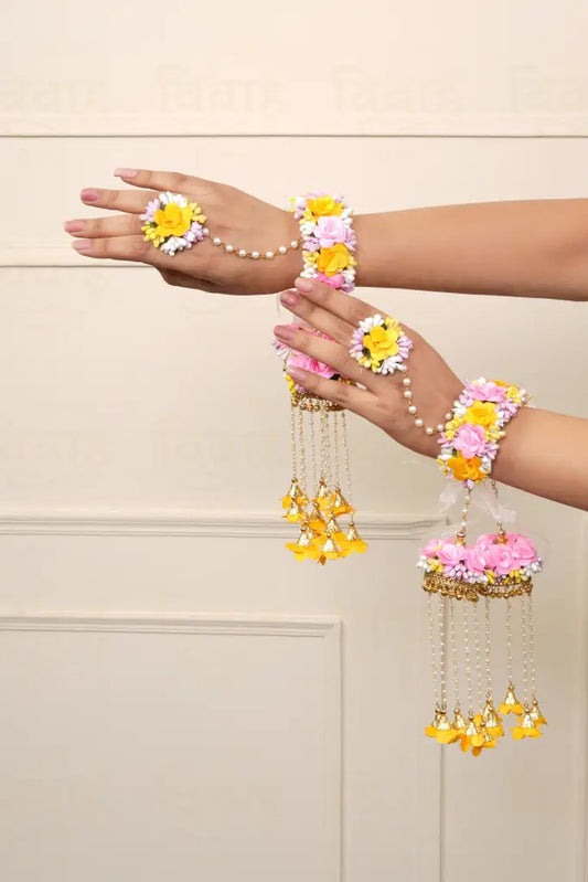 Yellow & Pink Floral Kaleera With Haathphool Ring