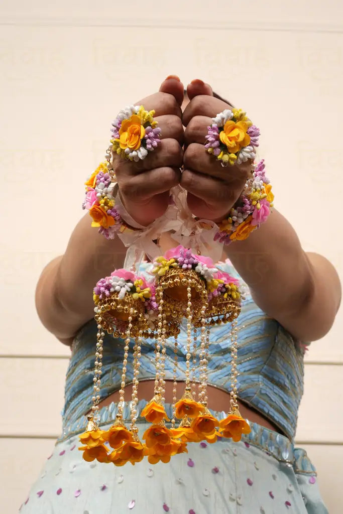 Yellow & Pink Floral Kaleera With Haathphool Ring