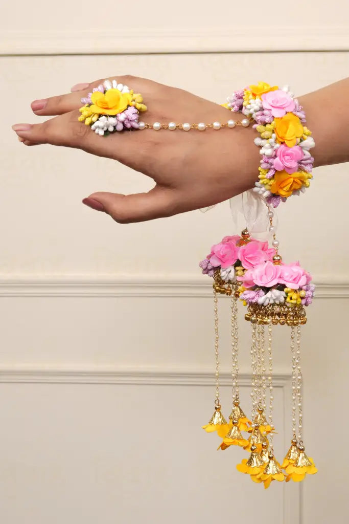 Yellow & Pink Floral Kaleera With Haathphool Ring